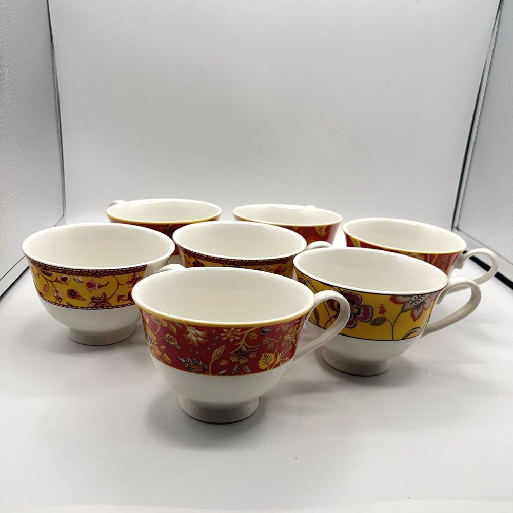 7 Neiman Marcus Fine China Cups Queens Provence Coffee Tea Orange/Yellow on Whit